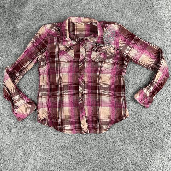 Cumberland Outfitters Women's Pearl Snap Plaid Button Up Top XL Pink Western Fai - Picture 1 of 12